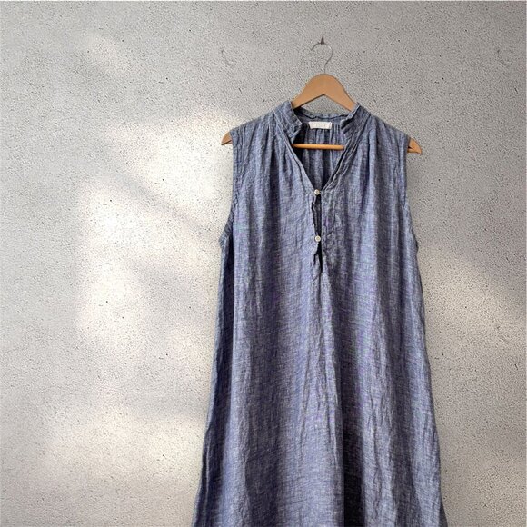 CP Shades Blue Chambray Linen A-Line Lagenlook Dress - Picture 2 of 6
